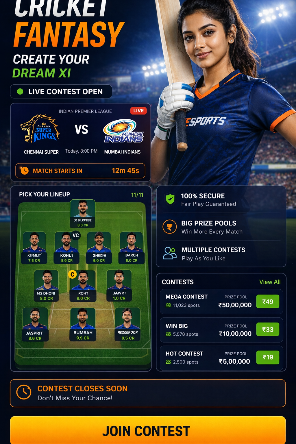 Come Fantasy Team cricket matchday visual