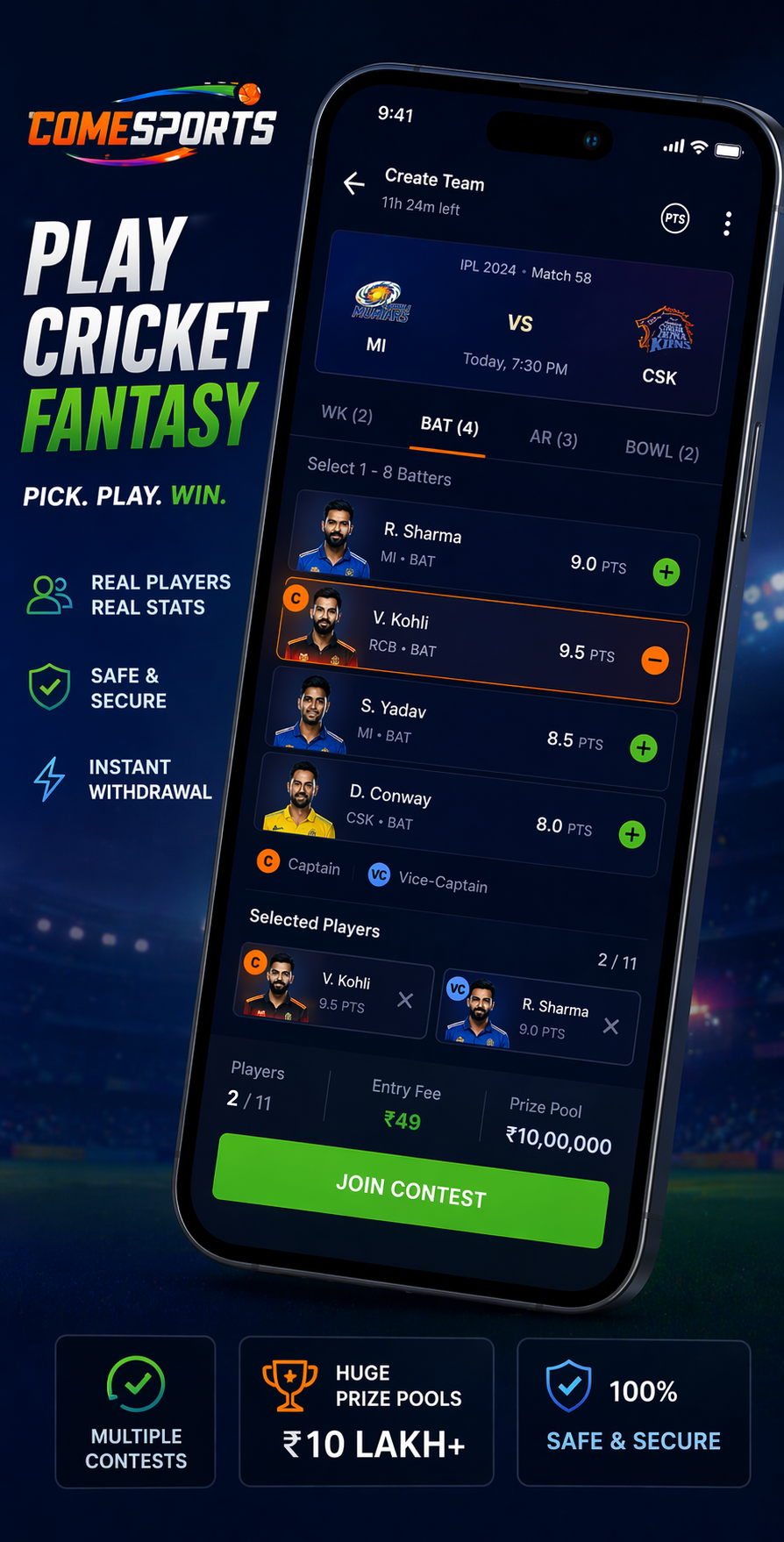 Come Fantasy Team cricket fantasy visual
